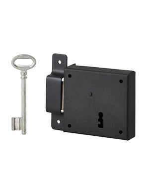 Serrure de grille en applique horizontale à clé à fouillot pour portail  gauche axe 58mm 140x82mm inox 2 clés