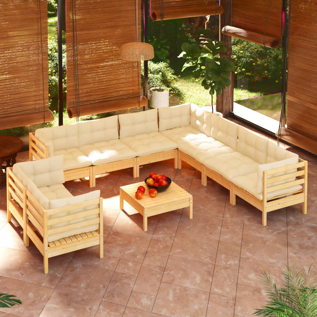 Maison Exclusive - Salon de jardin 10 pcs avec coussins crème Bois de pin  solide