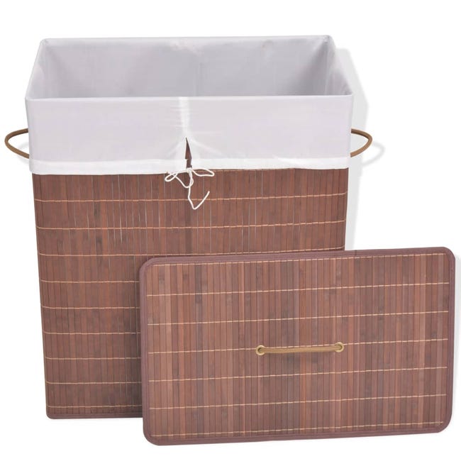Cesto para ropa de bambú 72L con saco interior, color natural, rectangular,  con tapa y asa
