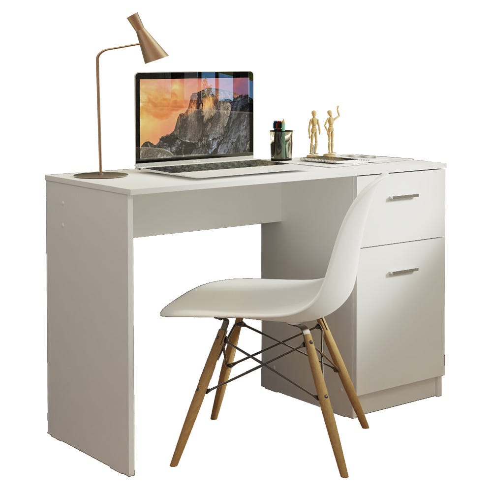 Madesa Bureau moderne avec tiroirs de rangement 53 pouces, bureau d'étude  pour bureau à domicile, table PC de style simple avec 3 tiroirs, 1 porte et  1 étagère de rangement (Blanc) 