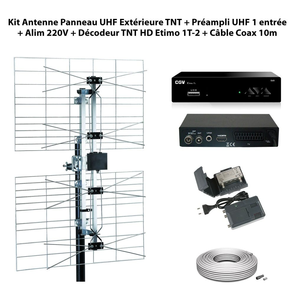 Comment Brancher Fil Antenne Tv Extérieure Dans Le Boitier Schema Kit Antenne Panneau UHF Extérieure TNT + Préampli UHF Réglable 1 entrée + Alim 220V + Décodeur TNT HD Etimo 1T-2 + Câble Coax 10m | Leroy Merlin