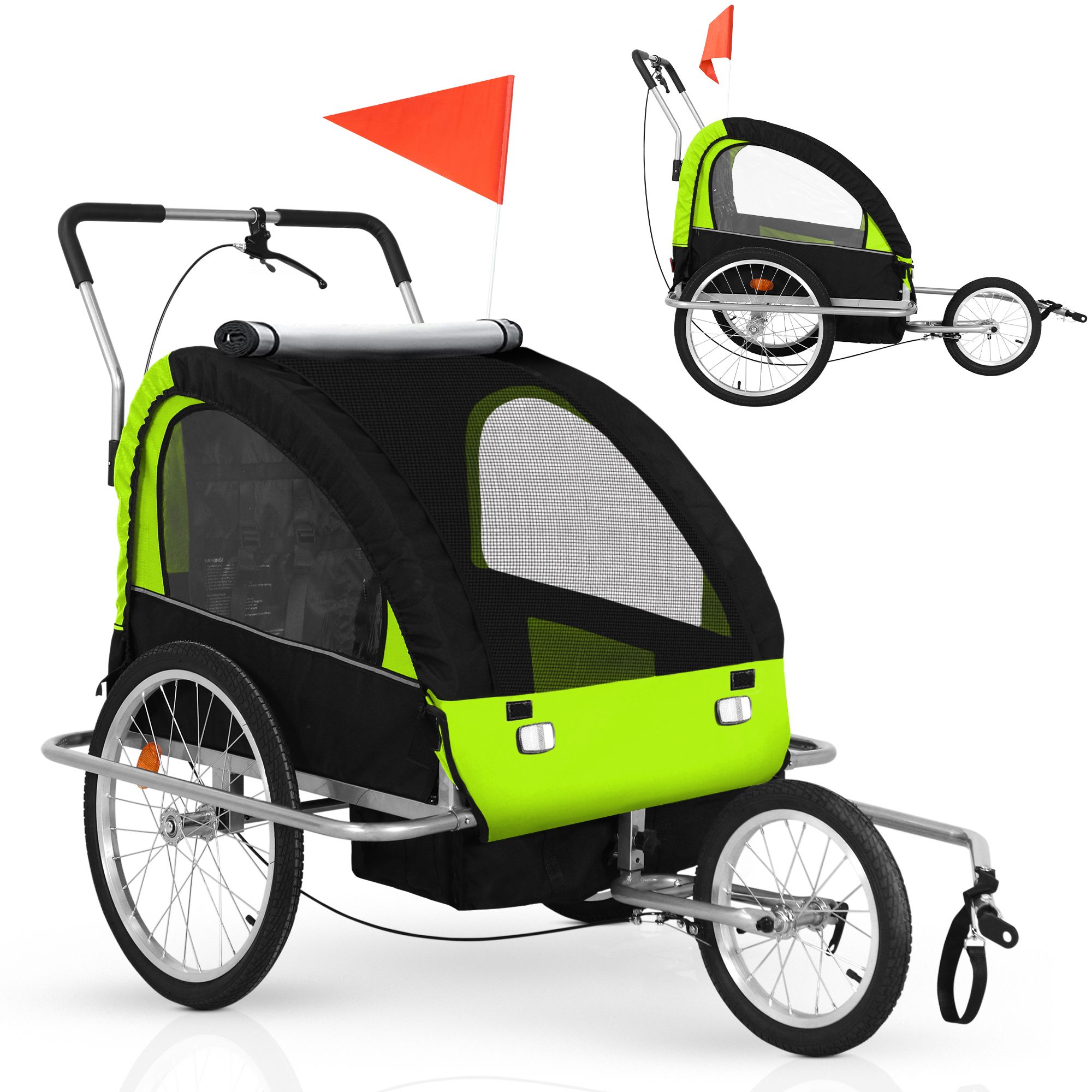 Jago Remorque Velo pour Enfants 2 Places Pliable 12 Mois Ceinture de Securite 5 Points Max. 40 kg Tout Terrain Noir Vert Leroy Merlin
