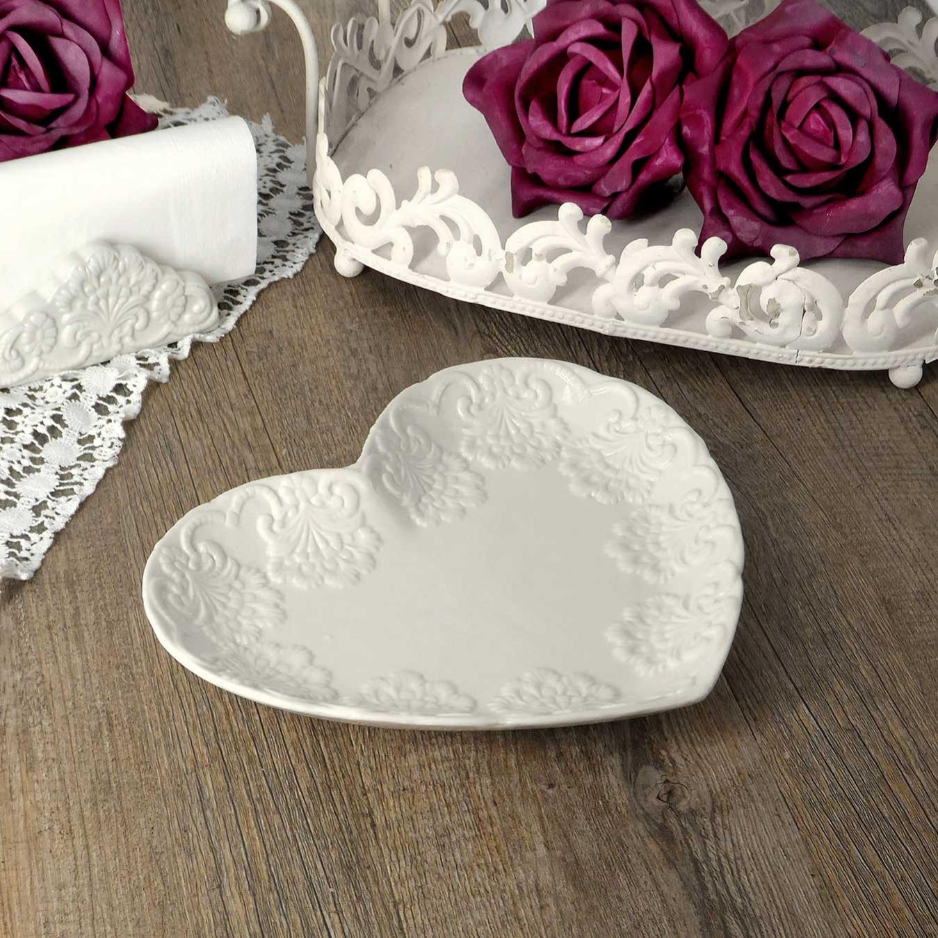 Vassoio Decorativo Set Portacandele Relaxdays | Vassoio Con 3 Vasetti | Stile Shabby Chic Cuori | Centrotavola Beige E Bianco Set Portacandele Cuori