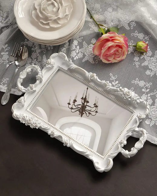 Vassoio Decorativo con Specchio e Manici Shabby Chic Colore Bianco