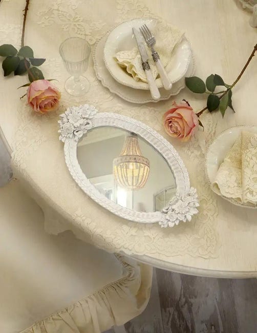 Vassoio Decorativo Ovale con Specchio Shabby Chic Colore Bianco Anticato  23x40