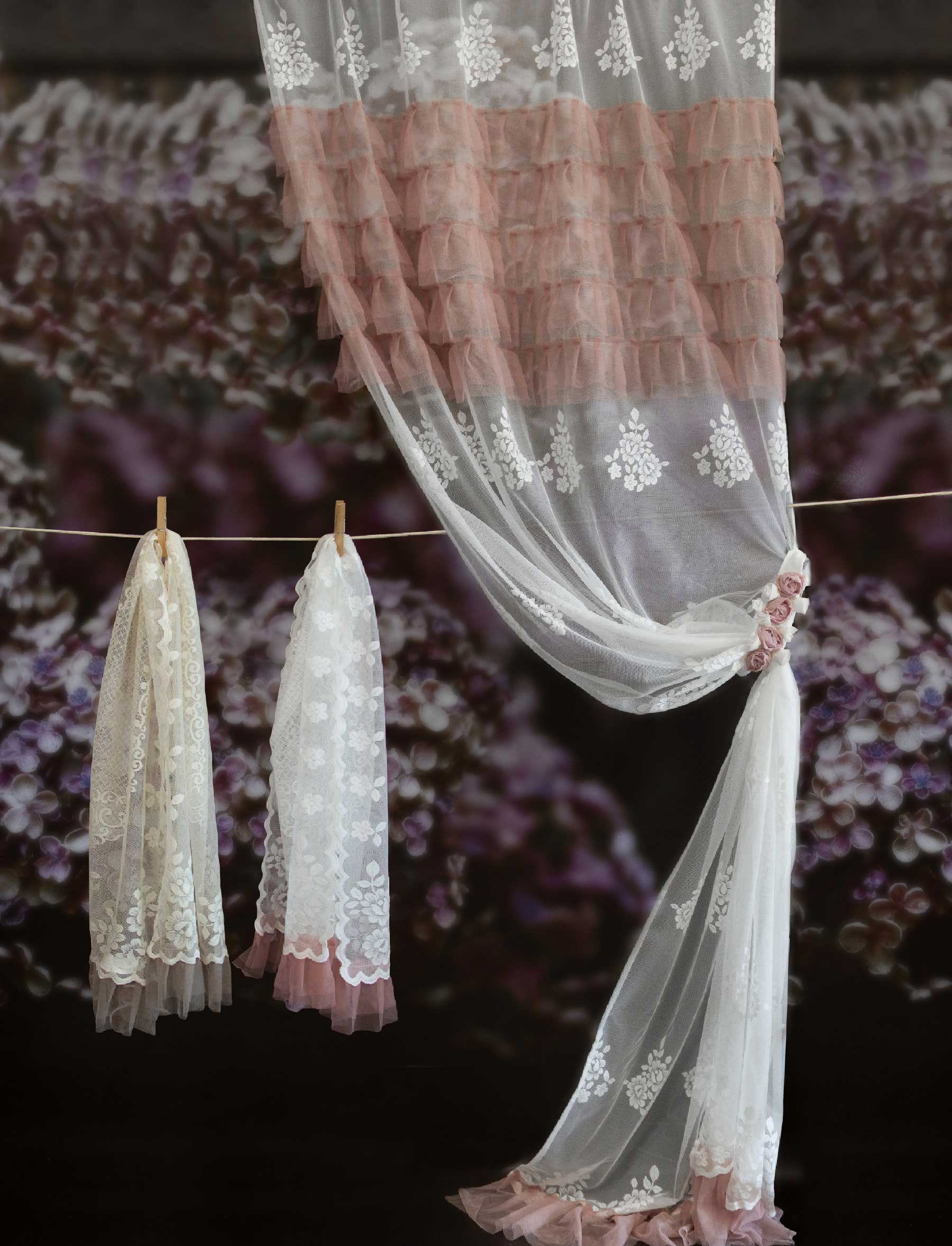 Tenda Pizzo e Tulle Shabby Chic 140 x 290 Andromeda Collection Colore  Bianco / Rosa