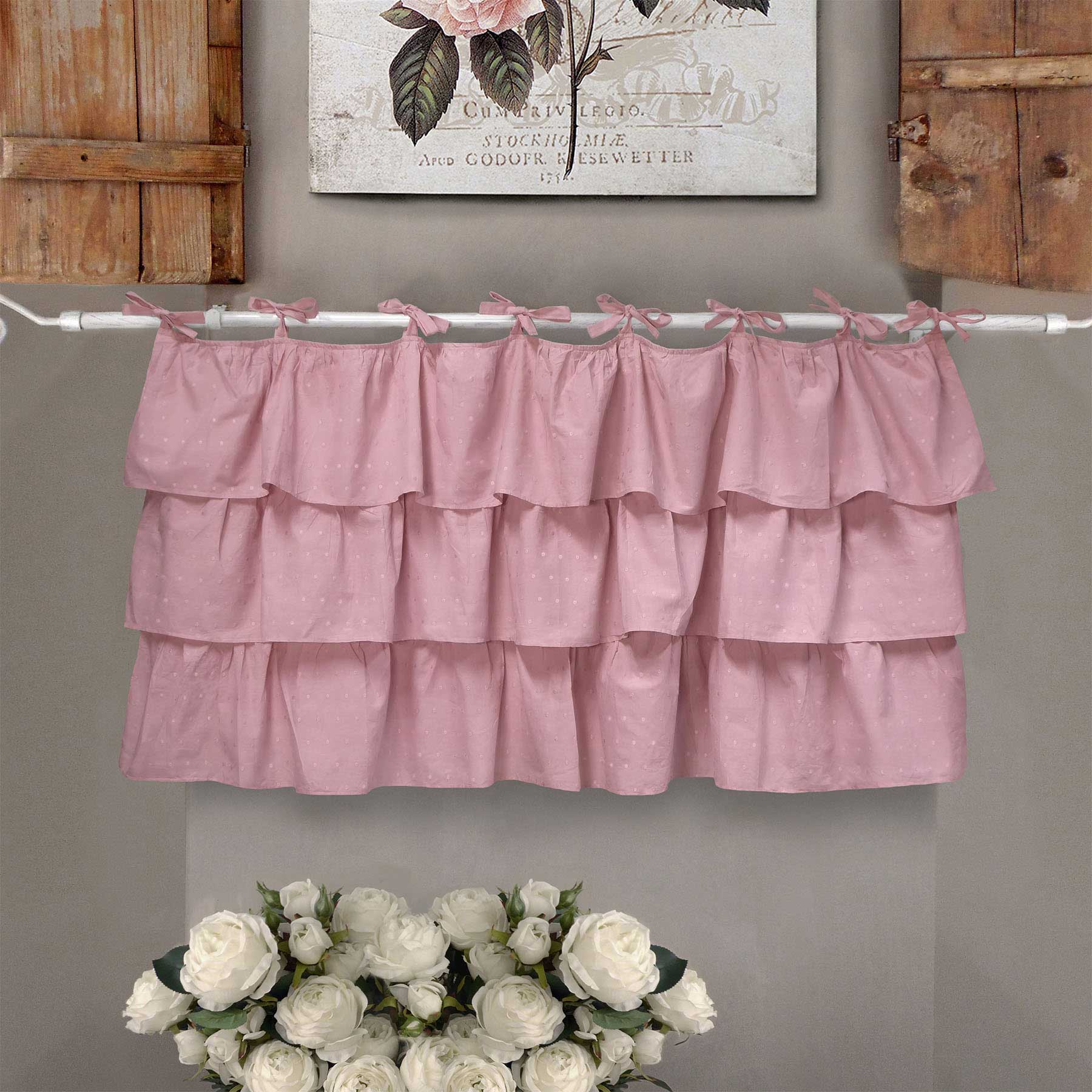 Mantovana Stile Shabby Chic con tre balze e Pois Ricamati 140 x 60 cm  Colore Rosa / Pois Rosa