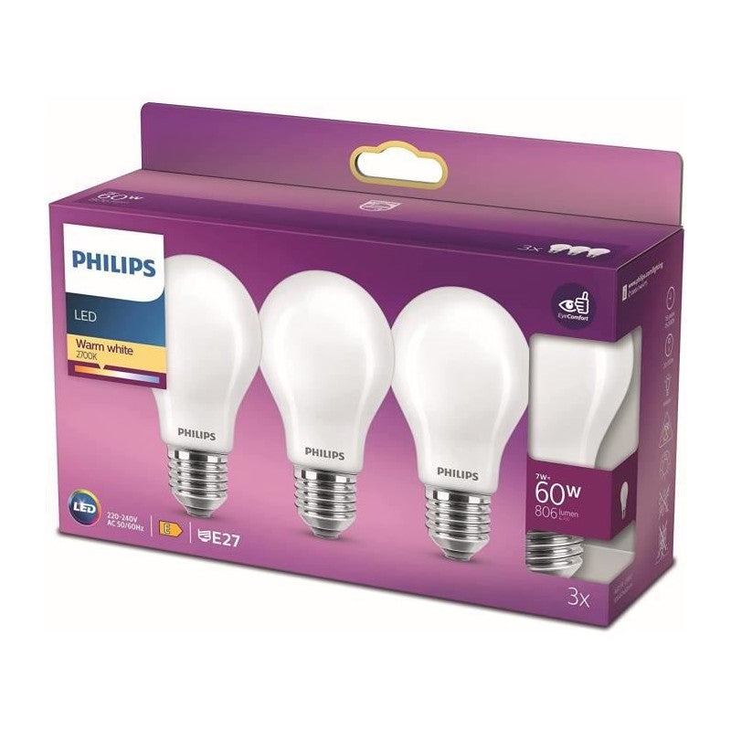Philips, pacchetto di 3 lampadine a LED E27 60W, bianco caldo