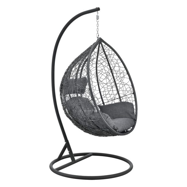 Fauteuil Suspendu Avec Cadre En Acier Et Panier Polyrotin - Charge 150 Kg, Hauteur 195 Cm, Coussins Amovibles Gris, Intérieur/extérieur