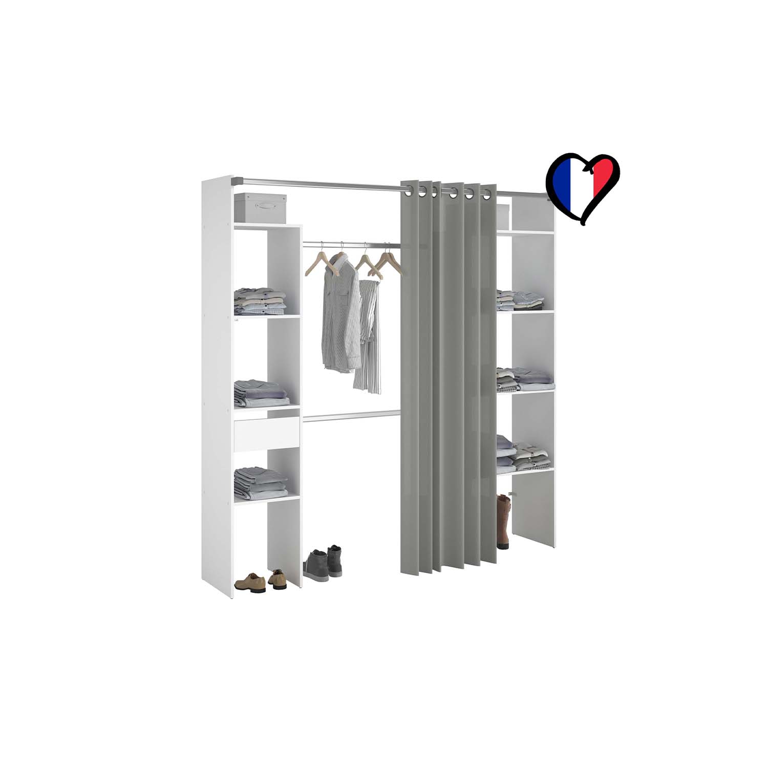 Elysée Dressing Blanc Avec Rideau Gris Et 2 Penderies, 6 Étagères Et