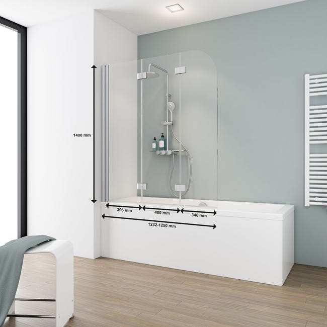 Schulte sopravasca, parete per vasca da bagno, pieghevole, 125 x 140 cm 3  ante, 5 mm vetro di sicurezza trasparente, alluminio naturale