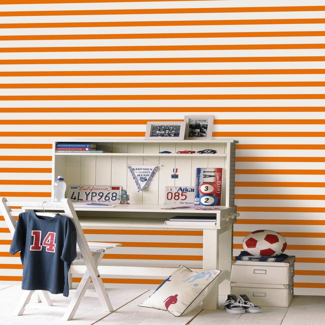 Papel pintado rayas naranja y blanco - 53 cm x 10,05 m - ESTAhome