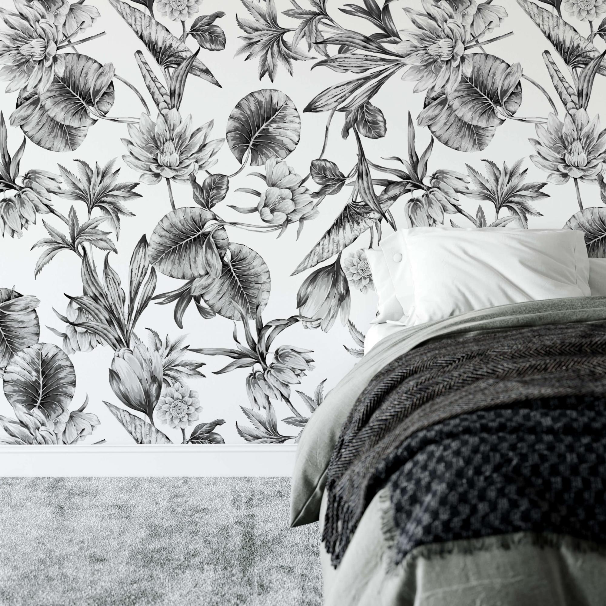 Papier Peint Fleuri Noir Et Blanc Papier peint fleuri - Lotus - Noir et blanc - 425x280cm - La Touche  Originale | Leroy Merlin