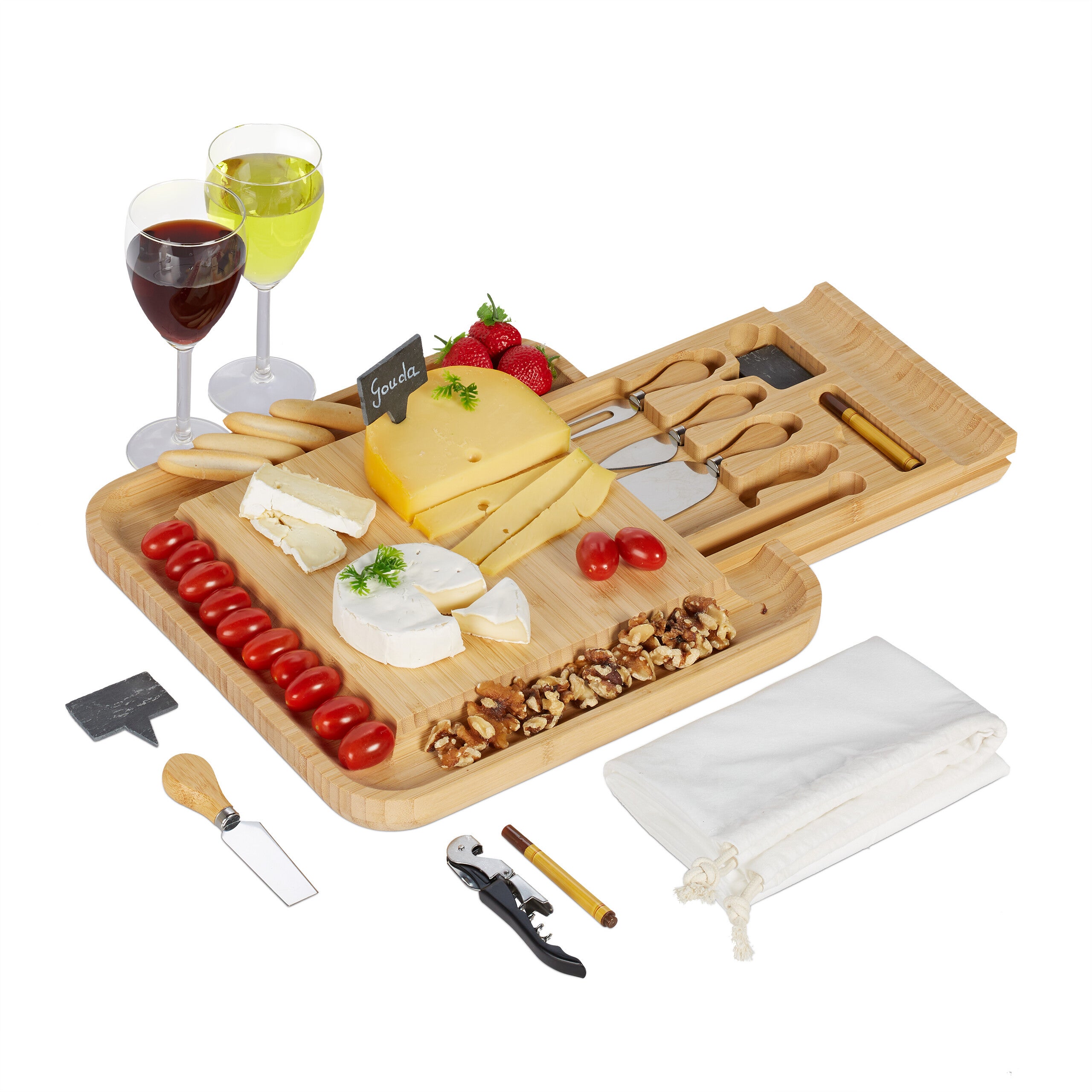 Relaxdays Tagliere per Aperitivo in Bambù, Vassoio da Portata per Formaggi  e Salumi, HxL: 34 x 34, con Accessori, Legno