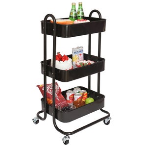 Carrello da Cucina 3 Ripiani con Ruote e 2 Cesti Portaoggetti 65x33x91cm  Bronzo