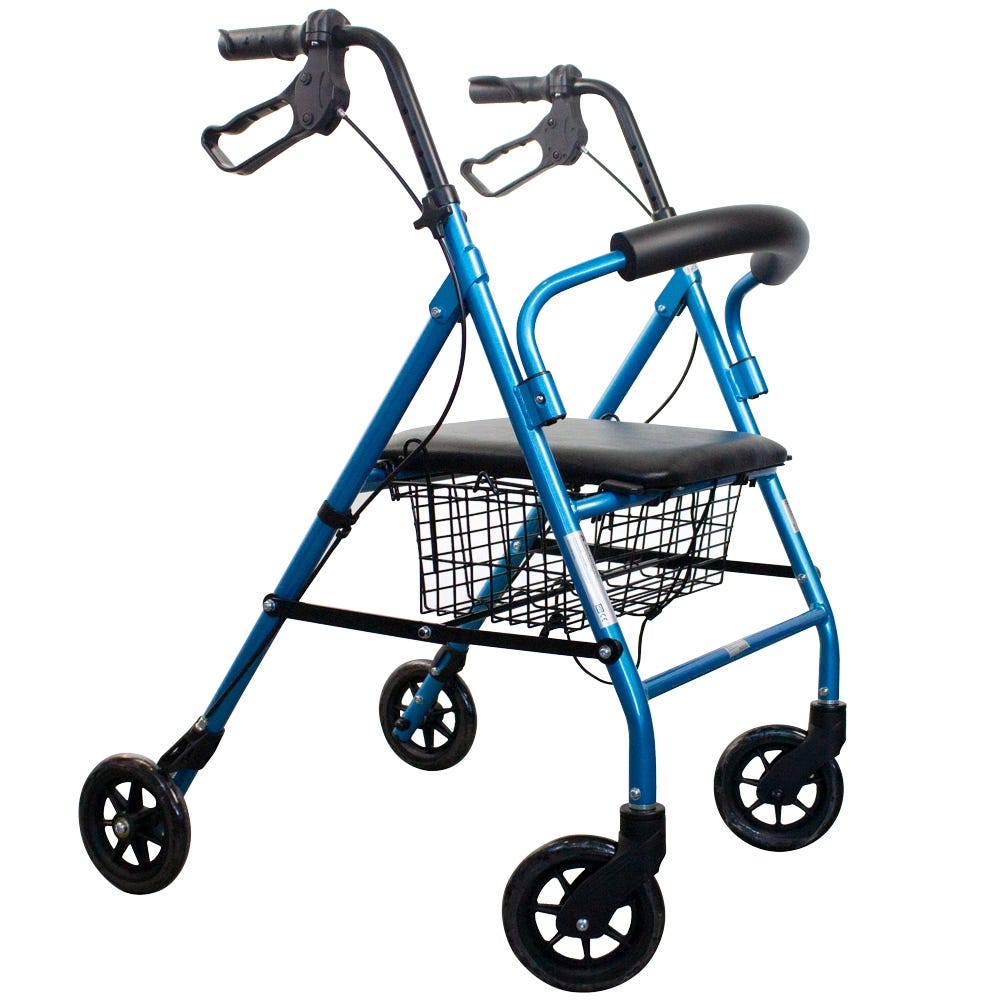 Clinicalfy Andador para ancianos Turia Plegable Frenos manuales Aluminio  Con cesta Ligero y resistente Con asiento y 4 ruedasAzul