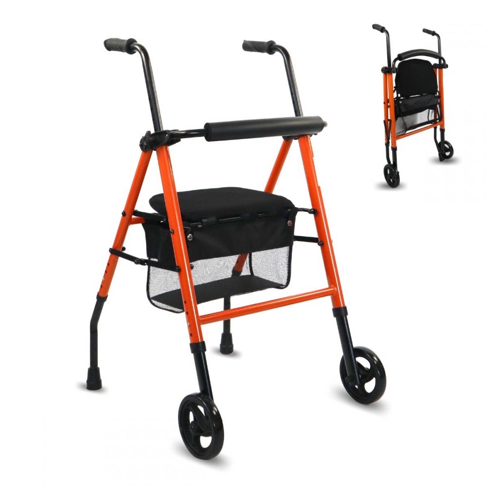 Mobiclinic Modello Nero deambulatore a 2 ruote per anziani in acciaio  leggero con sedile cestino e 2 ruote colore arancione