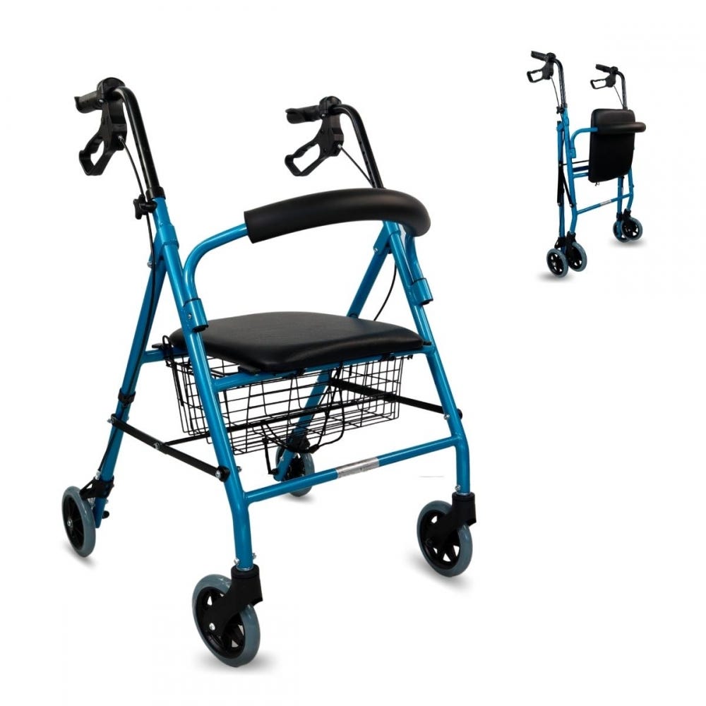 Mobiclinic Deambulatore per anziani Pieghevole Freni manuali e bloccabili  Alluminio Con sedile 4 ruote colore Blu