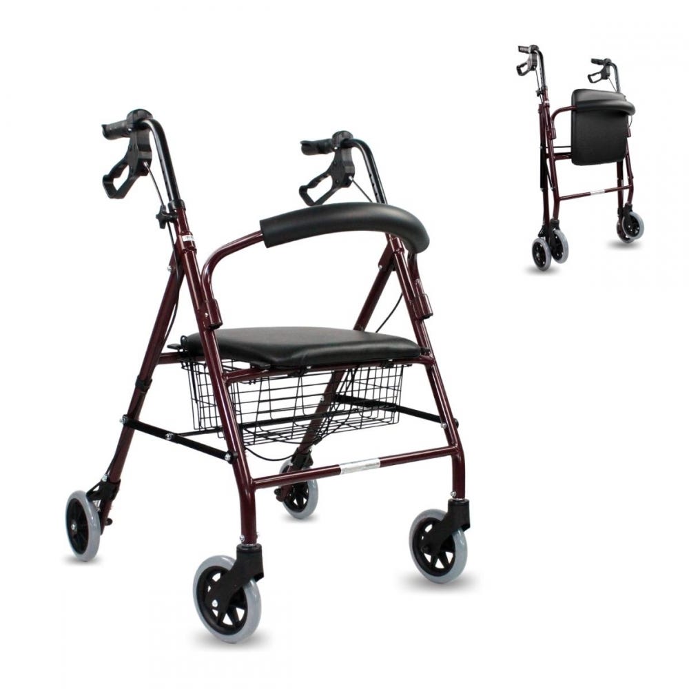 Mobiclinic Andador para ancianos Plegable Frenos manuales y bloqueables  Aluminio Con cesta Con asiento y 4 ruedas