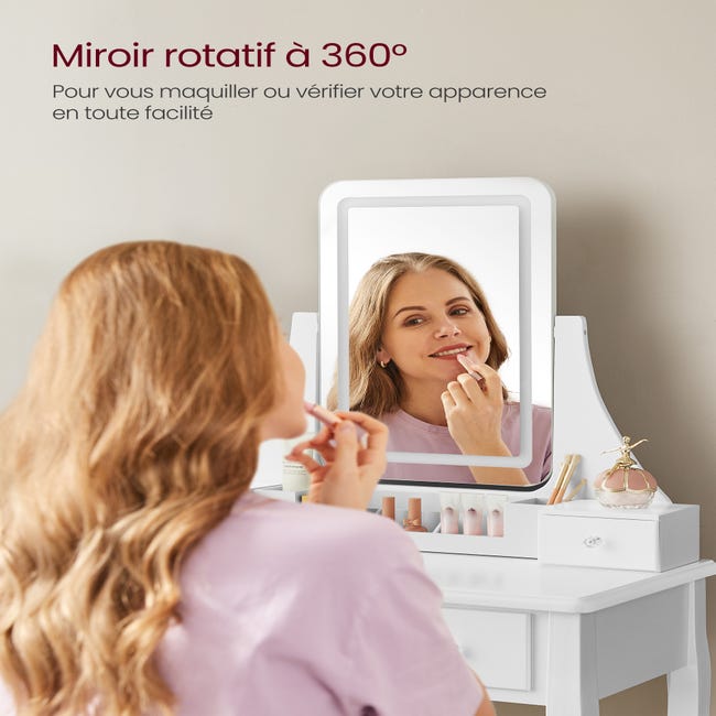 Coiffeuse avec Miroir LED, 3 Couleurs, 2 Tiroirs, Style Moderne, 90 x 40 x  144,7 cm, Étagère de Rangement, Blanc