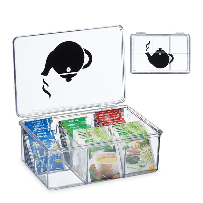 Relaxdays Box Porta Tè E Tisane – 6 Scomparti, Con Coperchio, 9x21,5x15 Cm, Plastica Trasparente