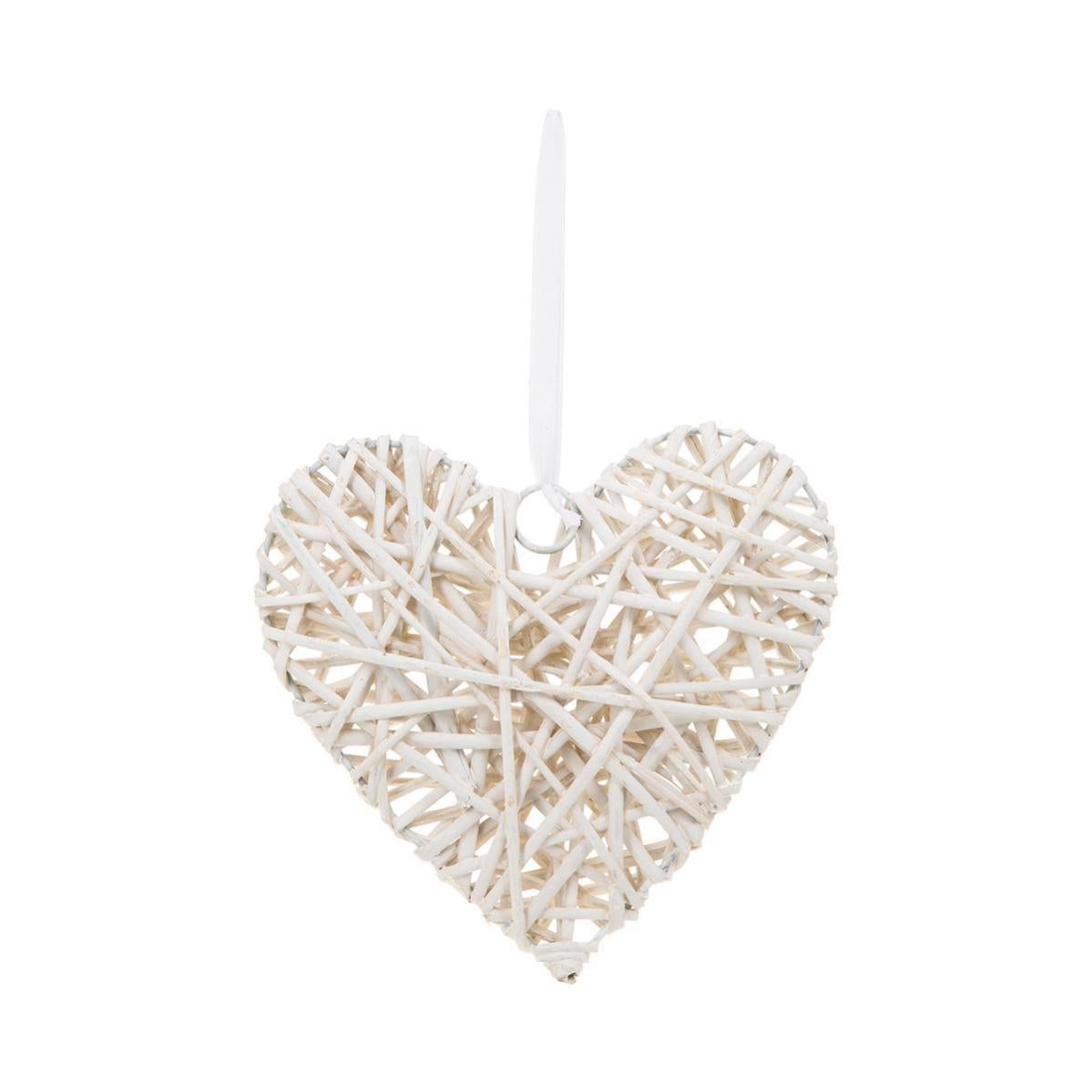 Déco Murale Cœur En Osier - Diamètre 12 Cm - Blanc - Accroche Avec Ruban - Style Bohème Romantique