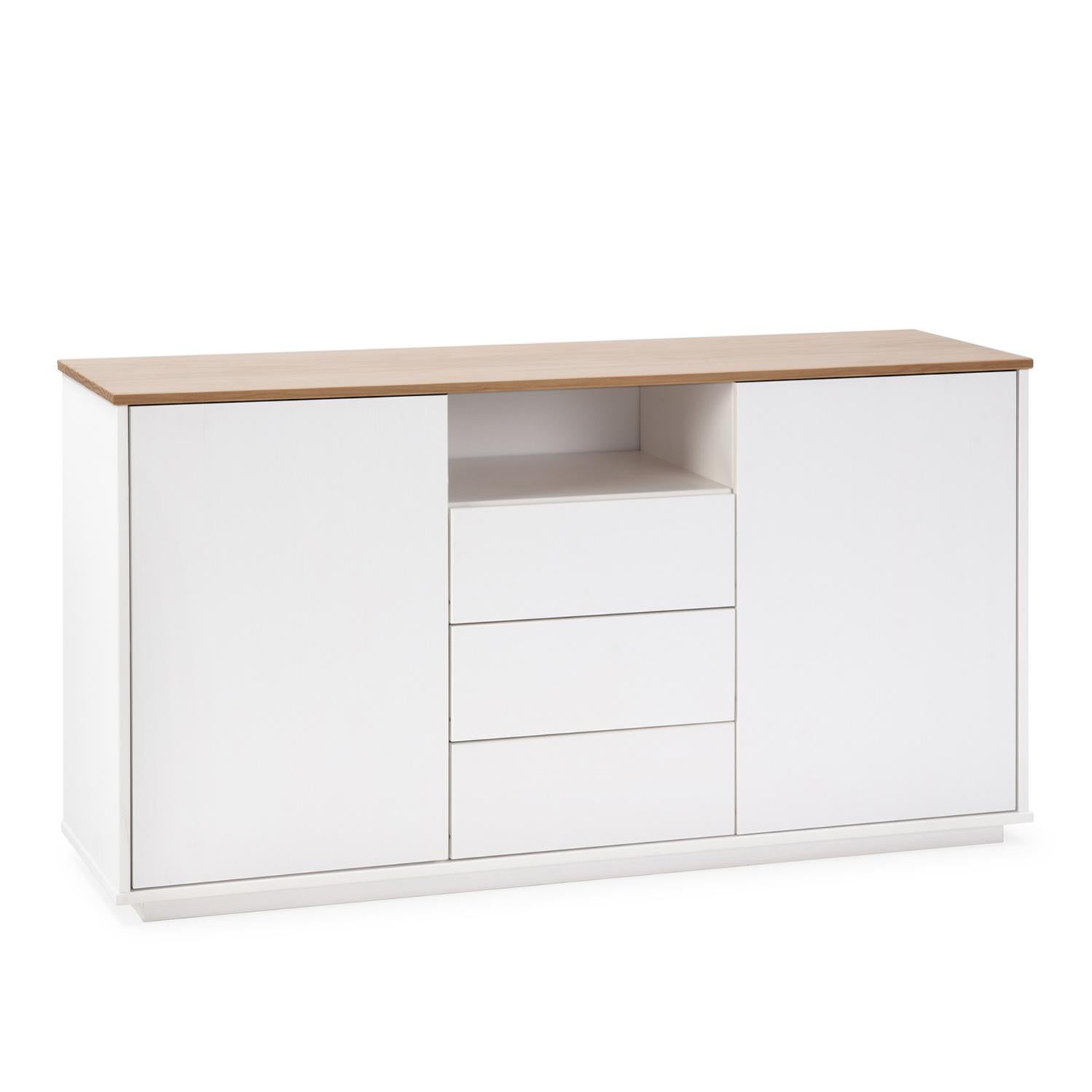 Credenza Bob 3 cassetti e 2 ante bianco/rovere, legno massello Leroy