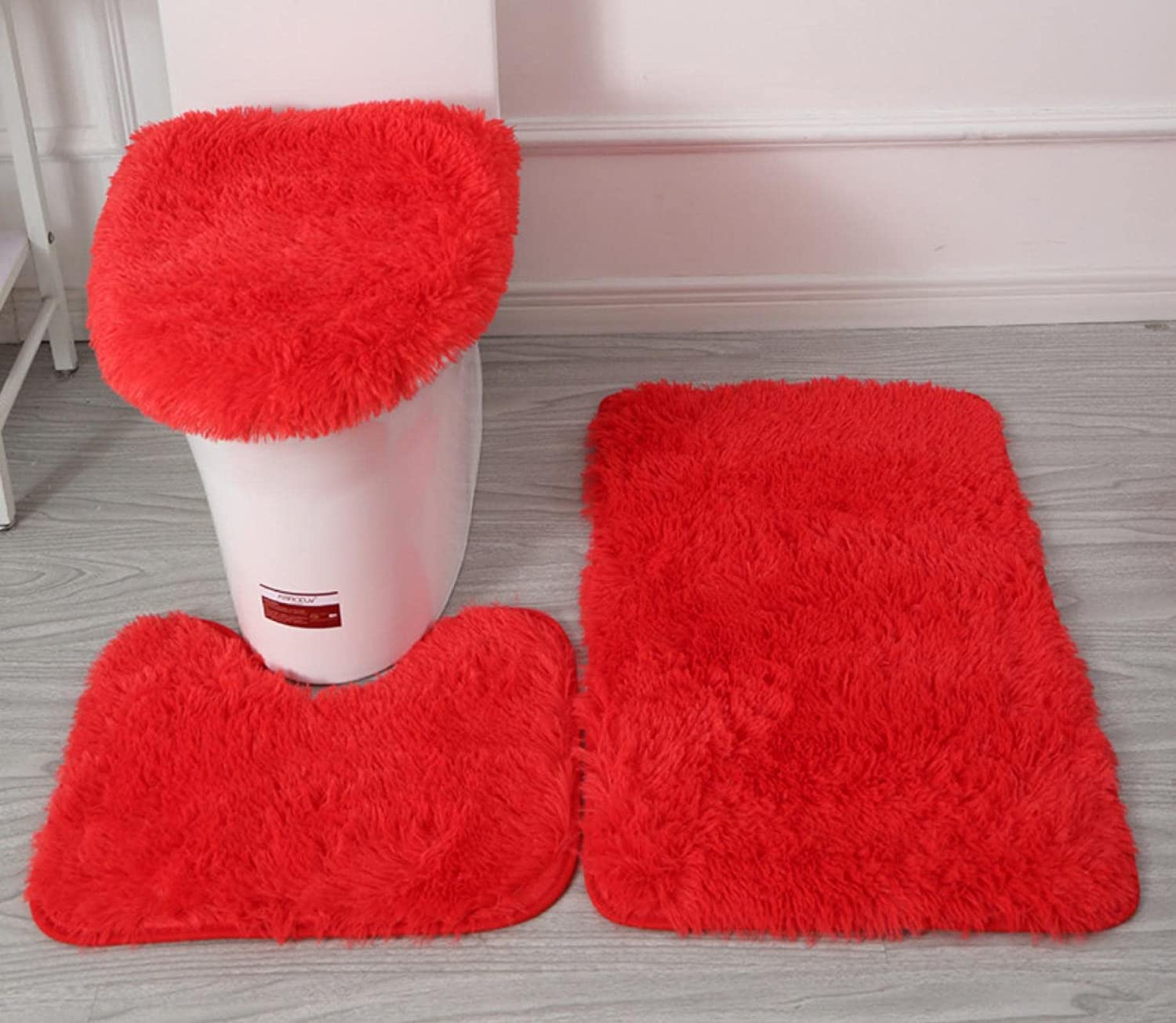 Tapis de salle de bain 3 pièces en microfibre douce, Tapis de salle de bain  + Tapis de contour + Housse de siège de toilette, antidérapant,rouge