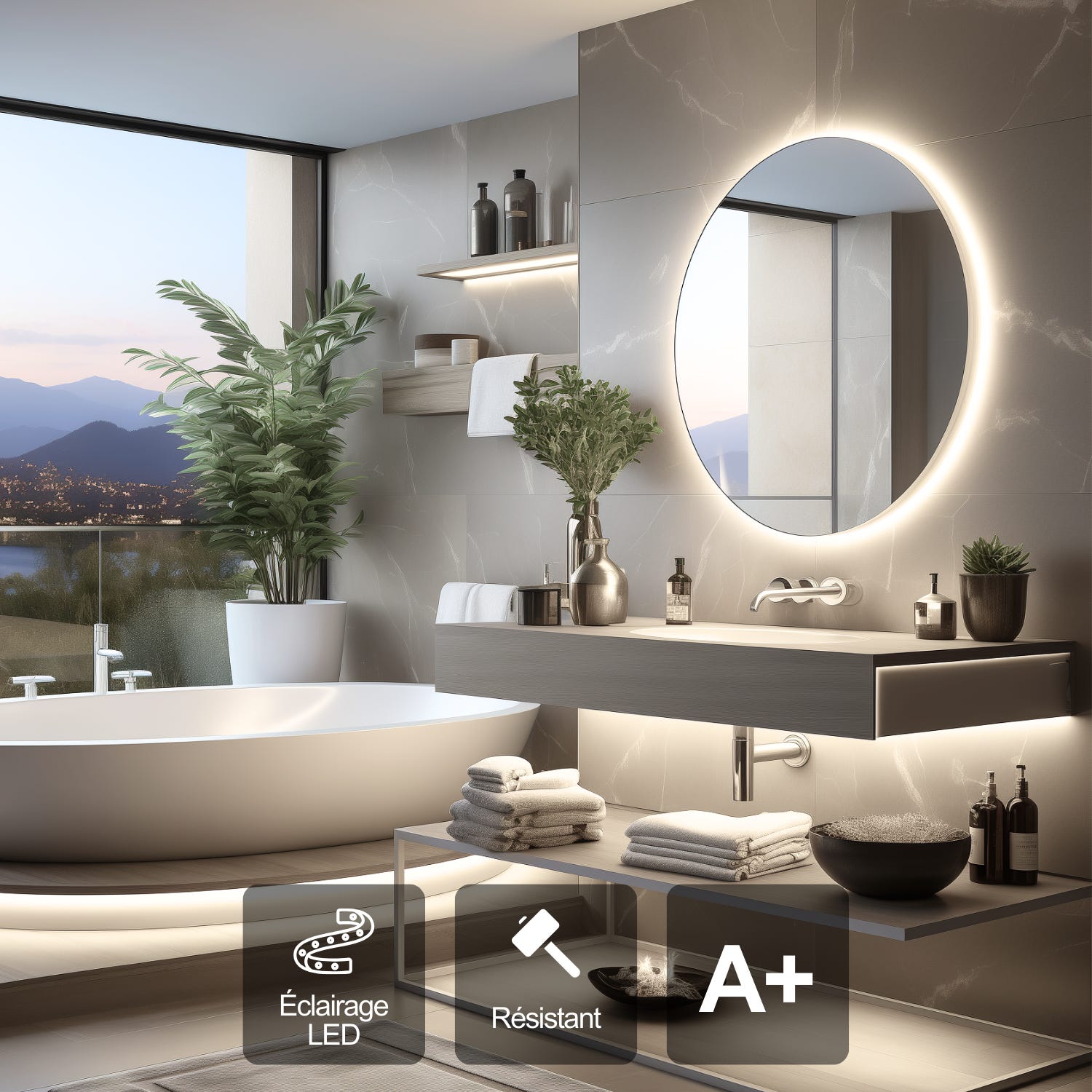 Miroir lumineux pour salle de bain à LED avec éclairage tactile anti-buée  blanc chaud round Ø 60 cm