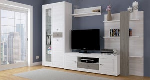 Meubles de salon en bois : 1 meuble TV, 1 caisson bas, 1 vitrine et 1 étagère  murale - Ramis