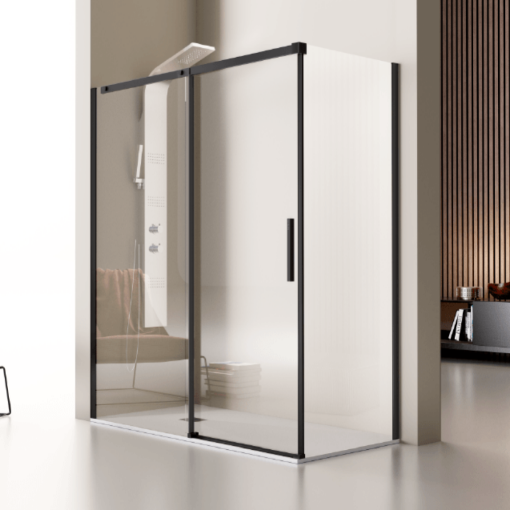 Paroi De Douche Fixe + Porte Coulissante Luna Profil Noir Mat 140 Cm