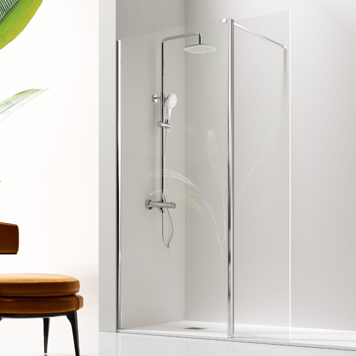 Mampara de ducha fijo de 80 cm con puerta abatible de 35 cm