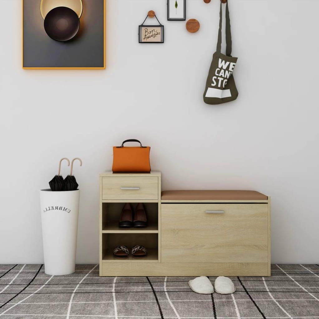Panca Portaoggetti In Legno Multistrato Rovere Sonoma - 42x42x45 Cm | Scarpiera Con Cuscino Grigio | Carico 110 Kg