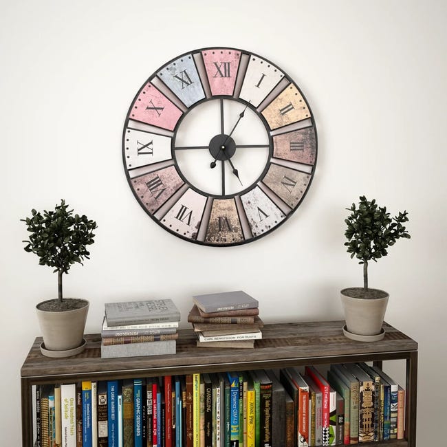 Reloj de pared vintage movimiento cuarzo madera metal 60 cm XXL