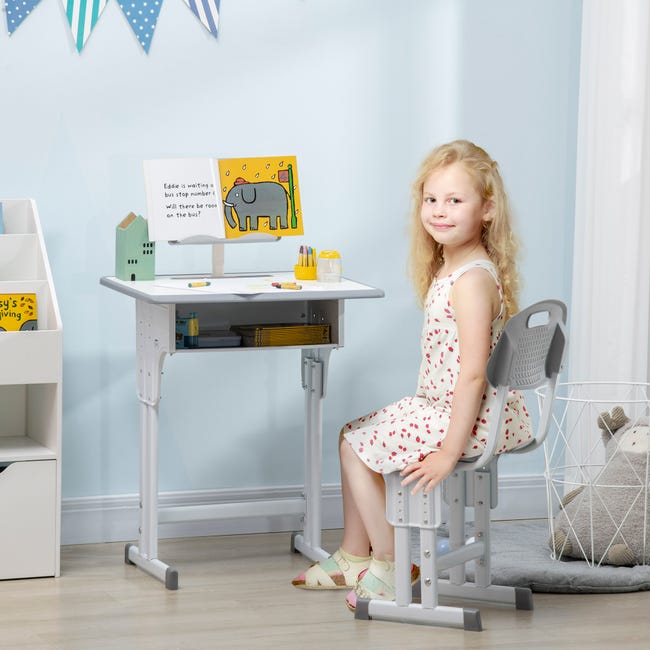Bureau enfant avec chaise - ensemble réglable - gris blanc