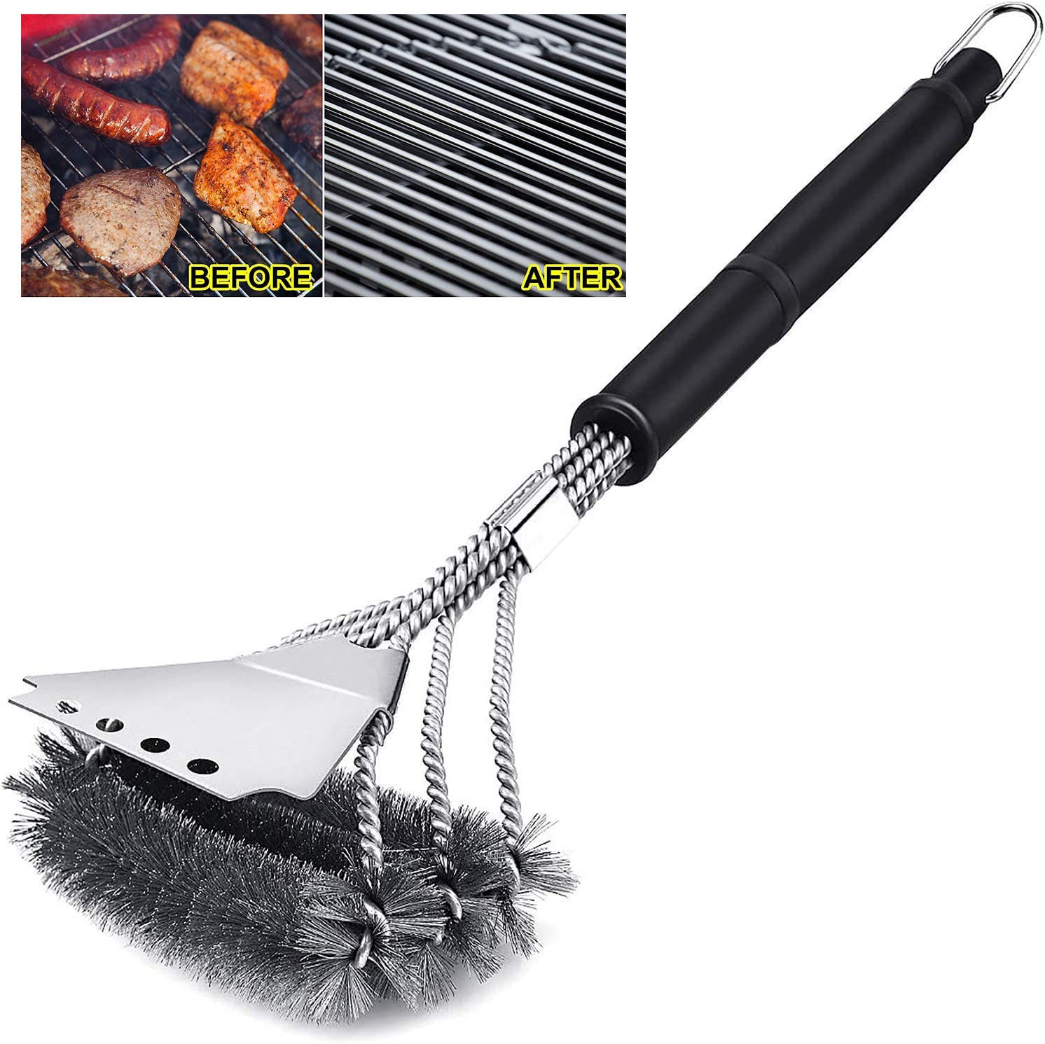 Brosse à barbecue, brosse de nettoyage de barbecue 3 en 1 avec grattoir,  poils en acier inoxydable, design horizontal, plus grande surface de  grattage