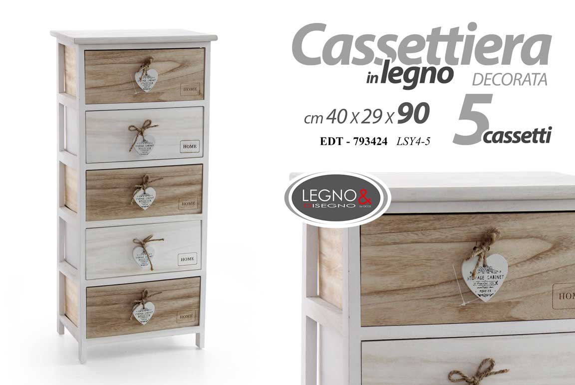 MOBILE CASSETTIERA 5 CASSETTI HOME IN LEGNO BICOLORE 40*29*90 CM EDT-793424