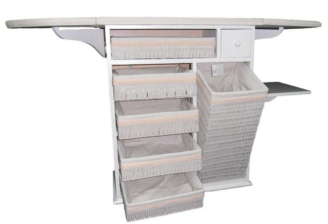 Meyvaser - Mueble de plancha Estoril blanco con 5 bandejas, cesto grande  para ropa y ruedas