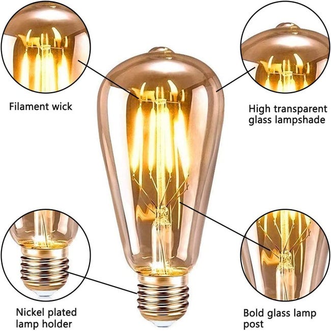 Ampoule LED E27 Blanc Chaud,6 Ampoules LED Edison 6W ST64 E27 Lampe  Décorative - Filament LED pour Maison Restaurant Café Bar