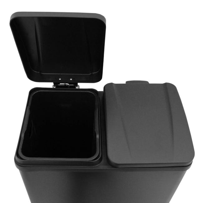 Cubo Basura Negro Doble de Acero Inoxidable con Pedal 60L para Reciclaje y  Residuos Generales Dos Compartimentos