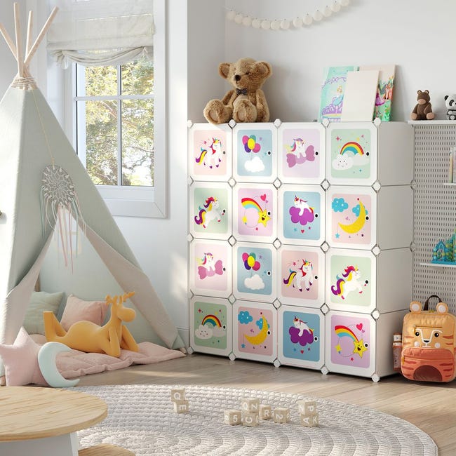 Meuble Rangement Enfant 16 Cubes, Armoire Modulable Avec Portes, 123 X 31 X  123 Cm, Blanc - Toute l'offre chambre enfant BUT