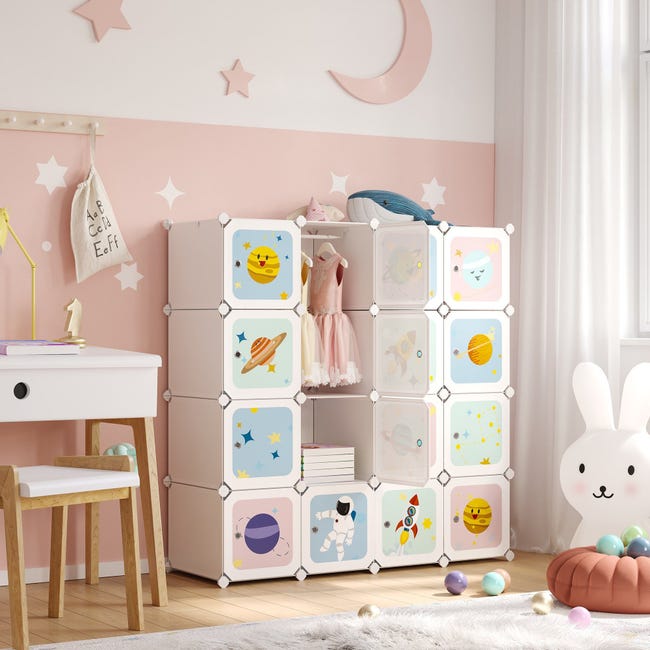 Armoire Modulable, Organisateur Vêtements Enfant Avec 16 Cubes, 123 X 41 X  123 Cm, Blanc