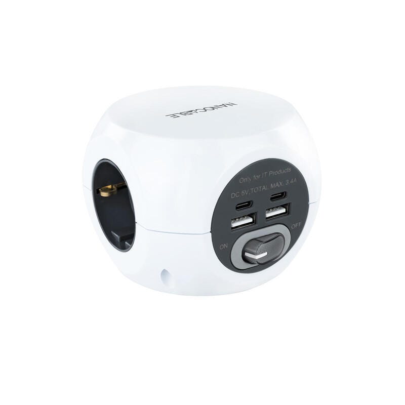 Multiprise cube - HOMEPROTEK - 1 USB A et 2 USB C - Un chargeur à induction  - 3 prises Europe - Un bouton ON/OFF - - Blanc