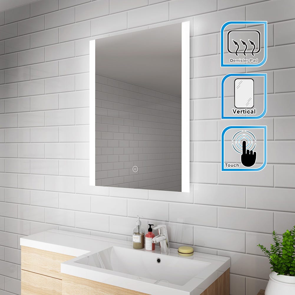 EMKE Miroir salle de bains avec Interrupteur à bouton, Anti-buée, Lumière  Blanche Froide/Chaude, 80x60 cm
