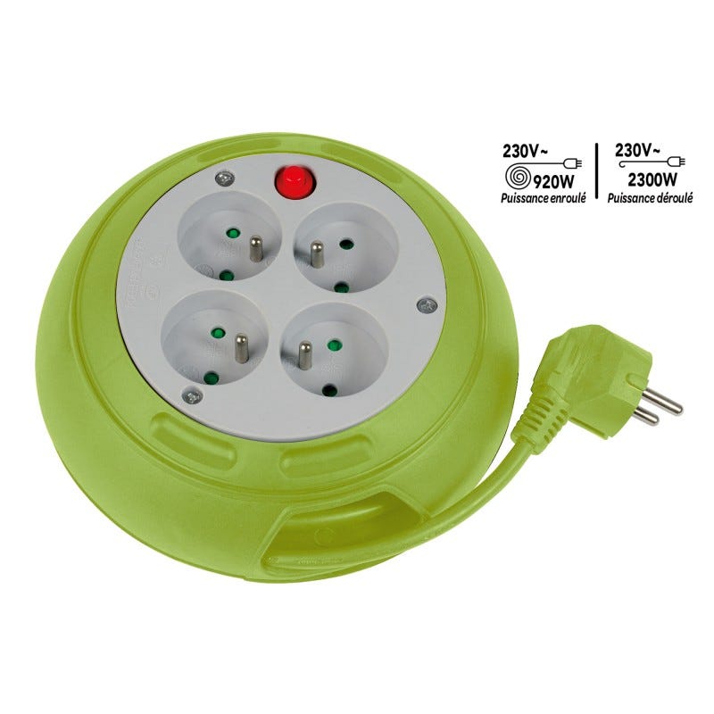 Enrouleur compact 4 prises avec interrupteur thermique - 3m - vert