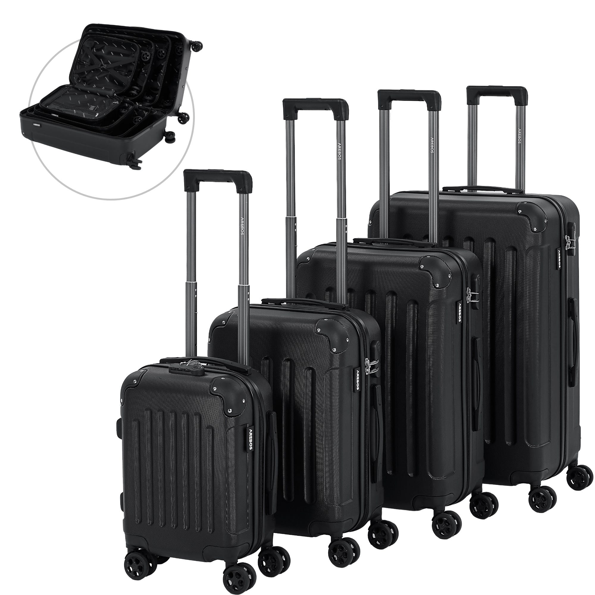 Lot de 4 valises de voyage - Coque rigide en ABS - Avec poignée  télescopique - Serrure TSA avec roulettes à 360° - S-M-L-XL - Noir