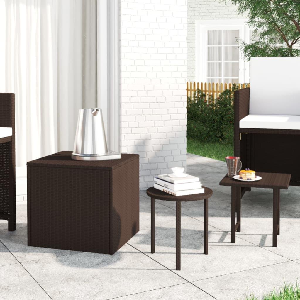 Set Di 3 Tavolini Da Esterno In Polyrattan Marroni, Ottomano, Quadrato E Rotondo Per Giardino E Terrazzo