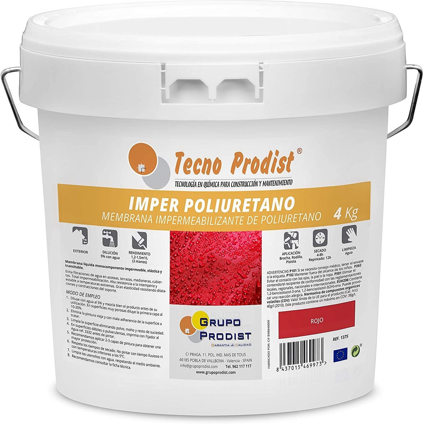 IMPER POLIURETANO de Tecno Prodist - Membrana de Poliuretano  Impermeabilizante para Terrazas, elástica, durabile, resistente - Rojo - 4  Kg
