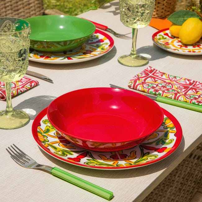Set piatti rossi e verdi linea Taormina 18 pezzi in porcellana e ceramica