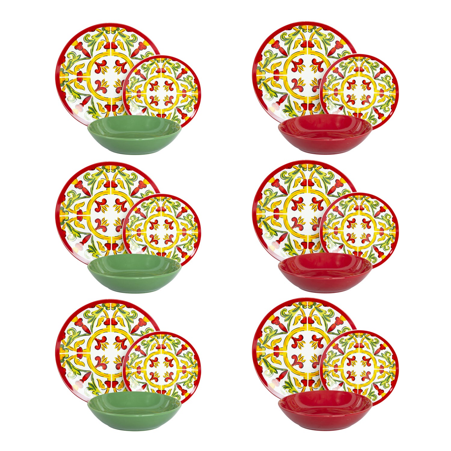 Set piatti rossi e verdi linea Taormina 18 pezzi in porcellana e ceramica